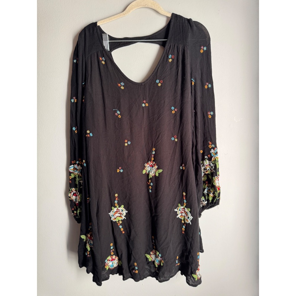 Free People Black Embroidered Gauze Mini Dress Long Sleeve Boho Cutout Back XS
